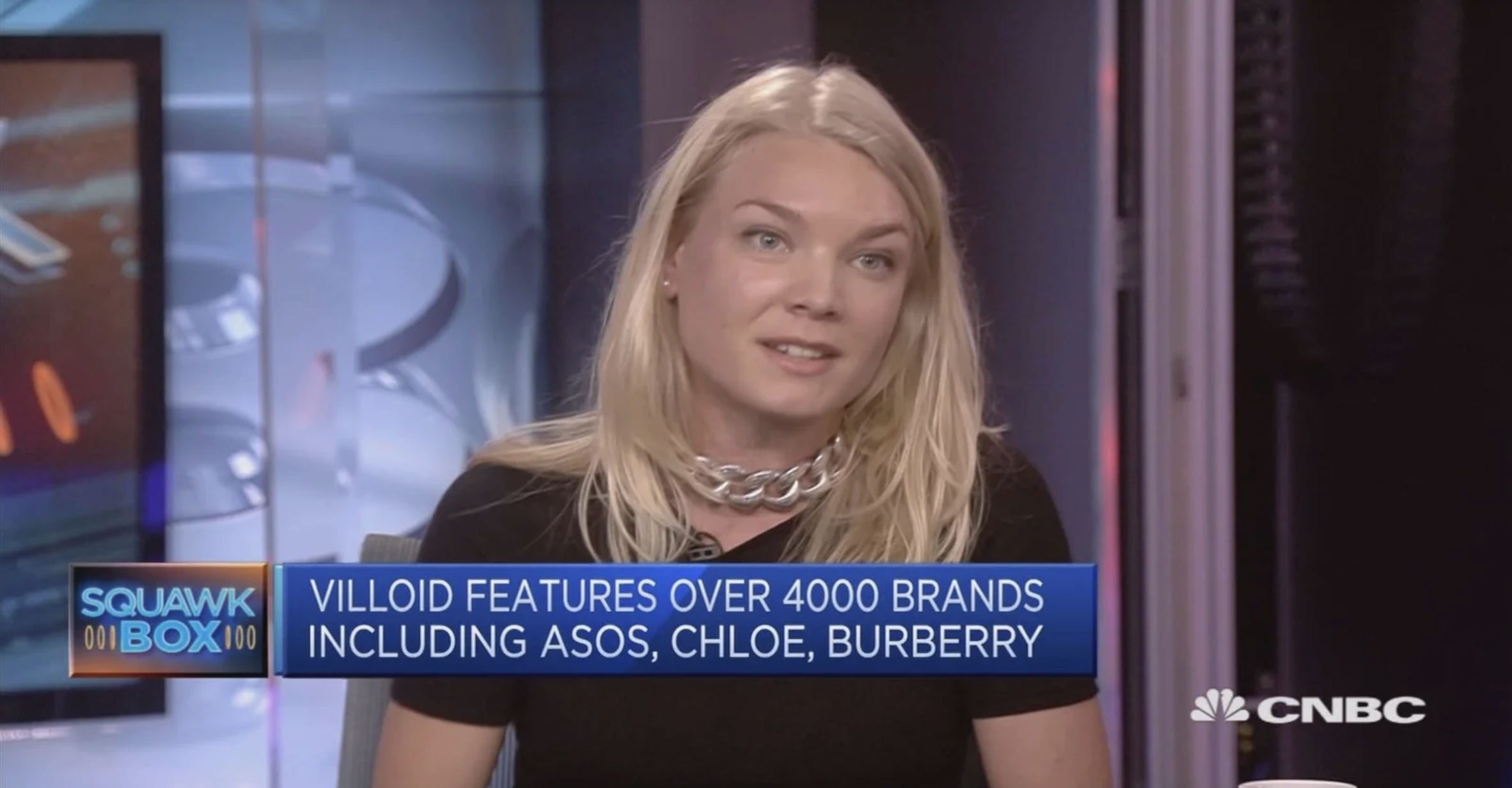 Alexa Chung on CNBC discussing the Villoid app.